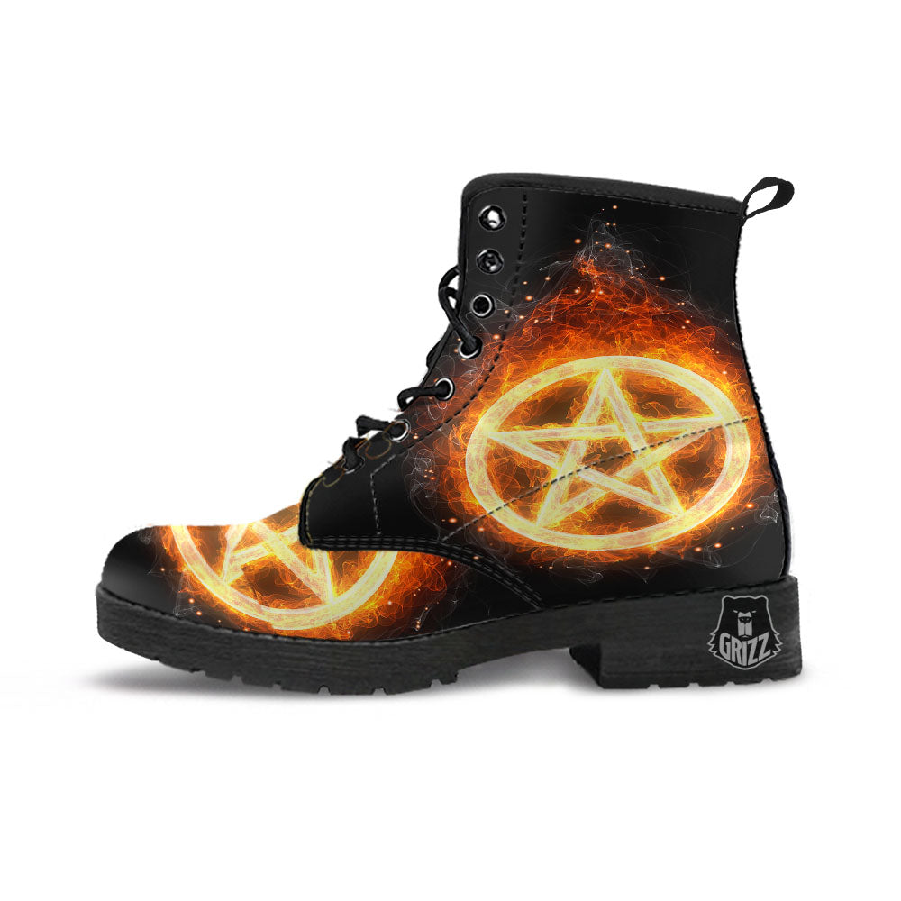 Pentagram Flame Print Leather Boots-grizzshop