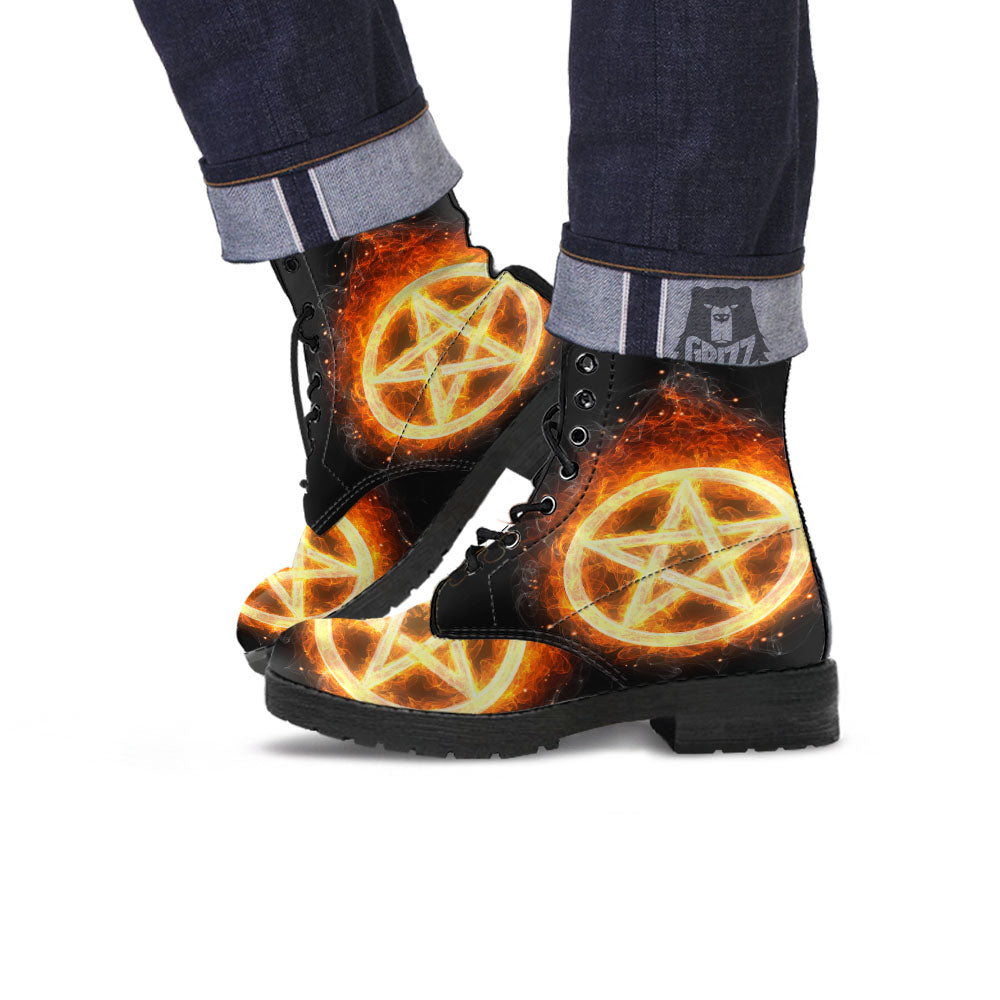 Pentagram Flame Print Leather Boots-grizzshop