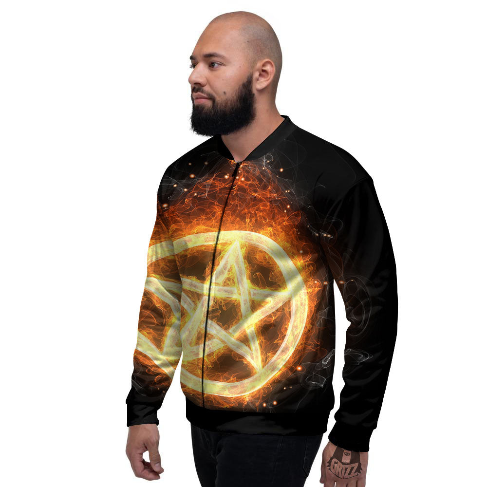 Pentagram Flame Print Men's Bomber Jacket-grizzshop