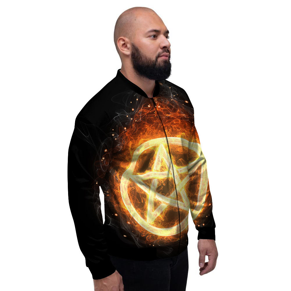 Pentagram Flame Print Men's Bomber Jacket-grizzshop