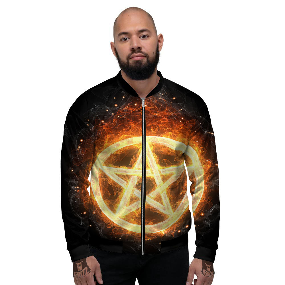 Pentagram Flame Print Men's Bomber Jacket-grizzshop
