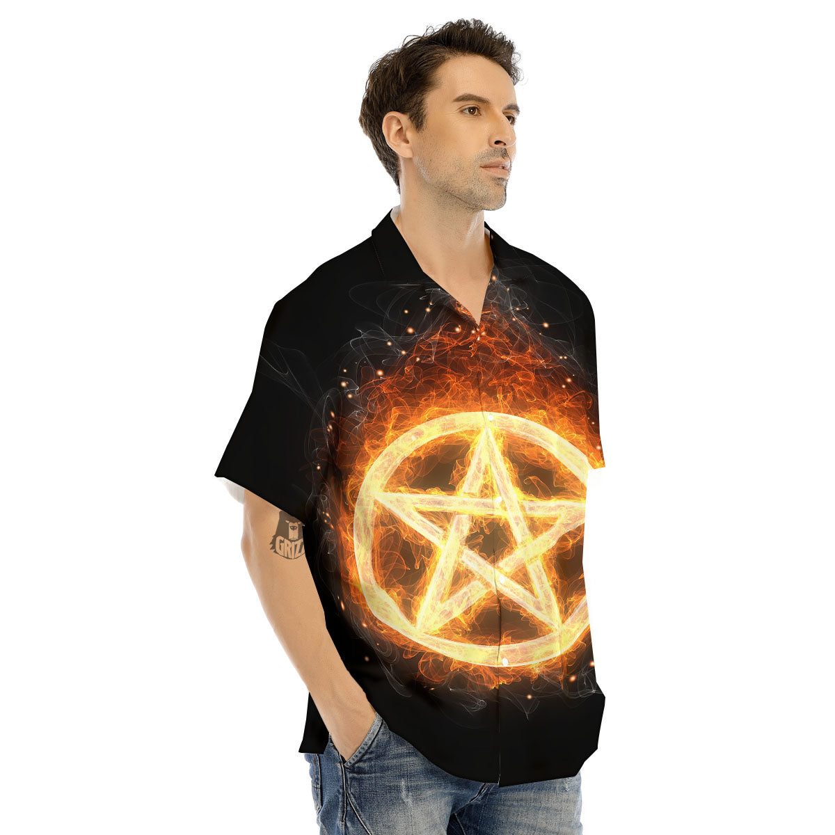 Pentagram Flame Print Men's Hawaiian Shirt-grizzshop