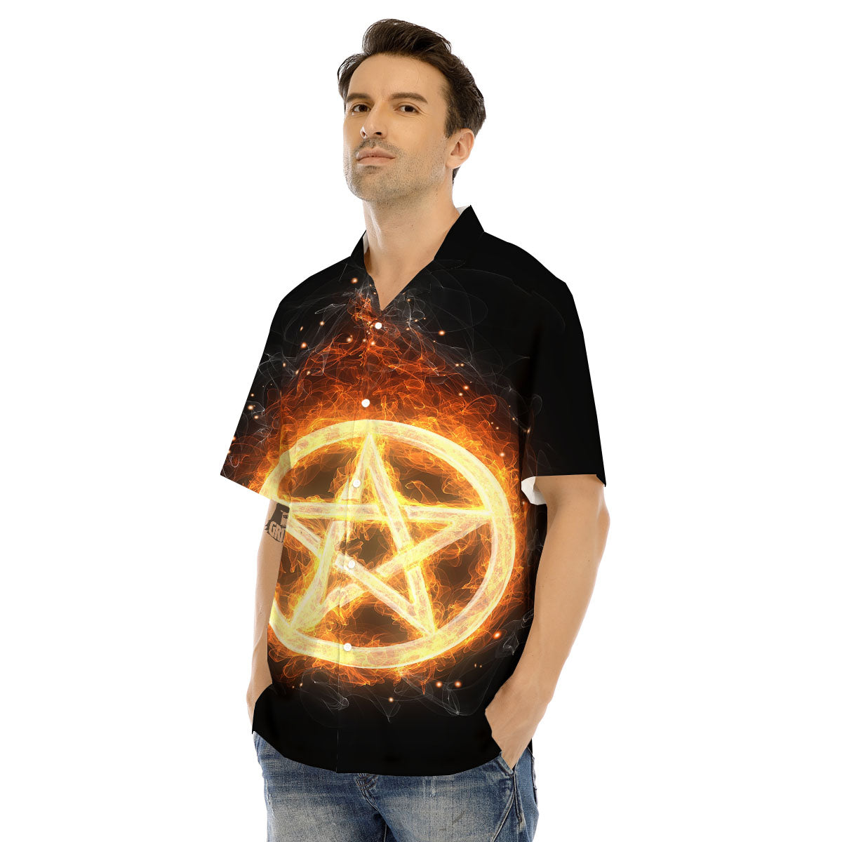 Pentagram Flame Print Men's Hawaiian Shirt-grizzshop