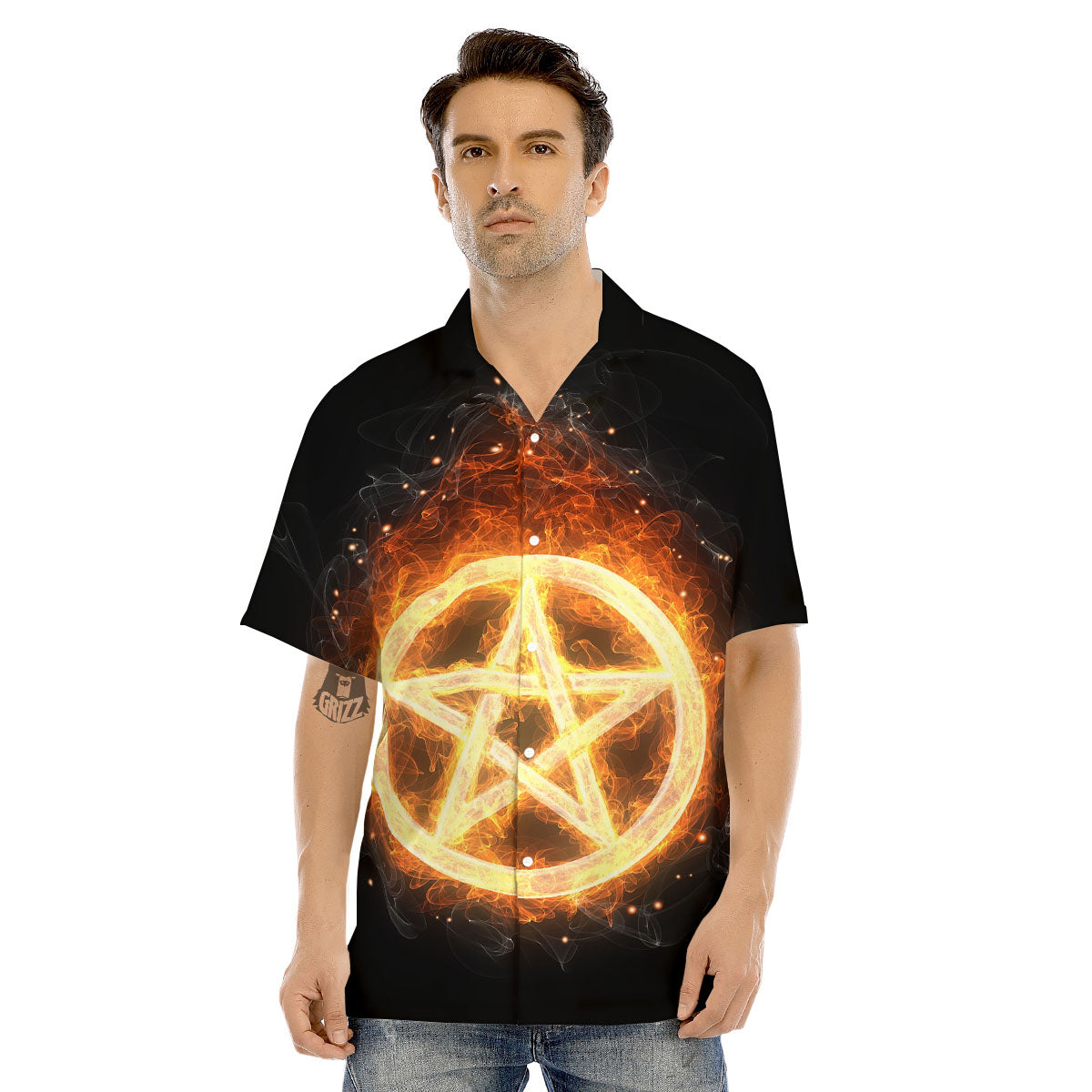 Pentagram Flame Print Men's Hawaiian Shirt-grizzshop