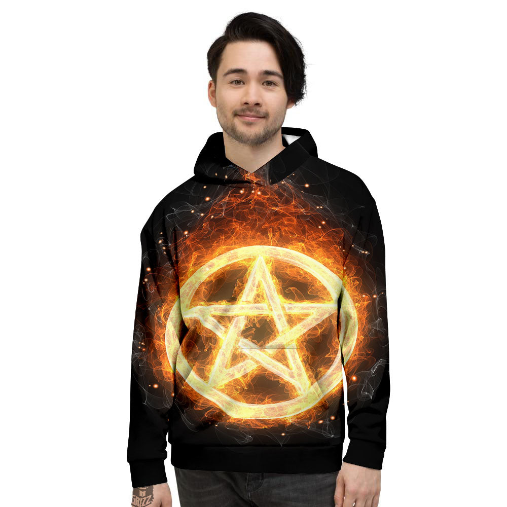 Pentagram Flame Print Men's Hoodie-grizzshop