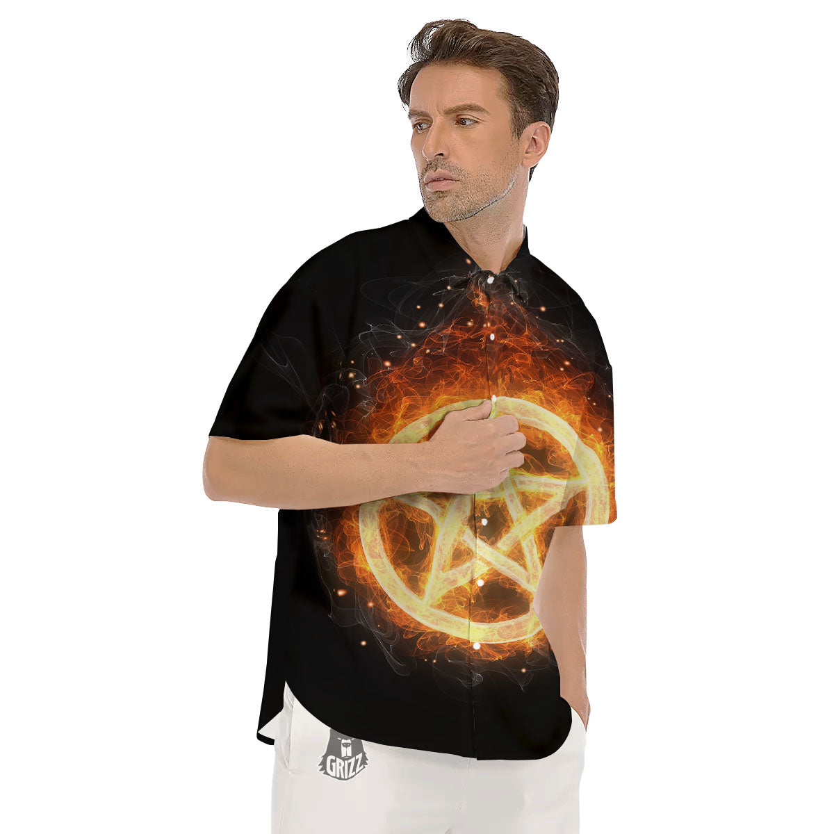Pentagram Flame Print Men's Short Sleeve Shirts-grizzshop