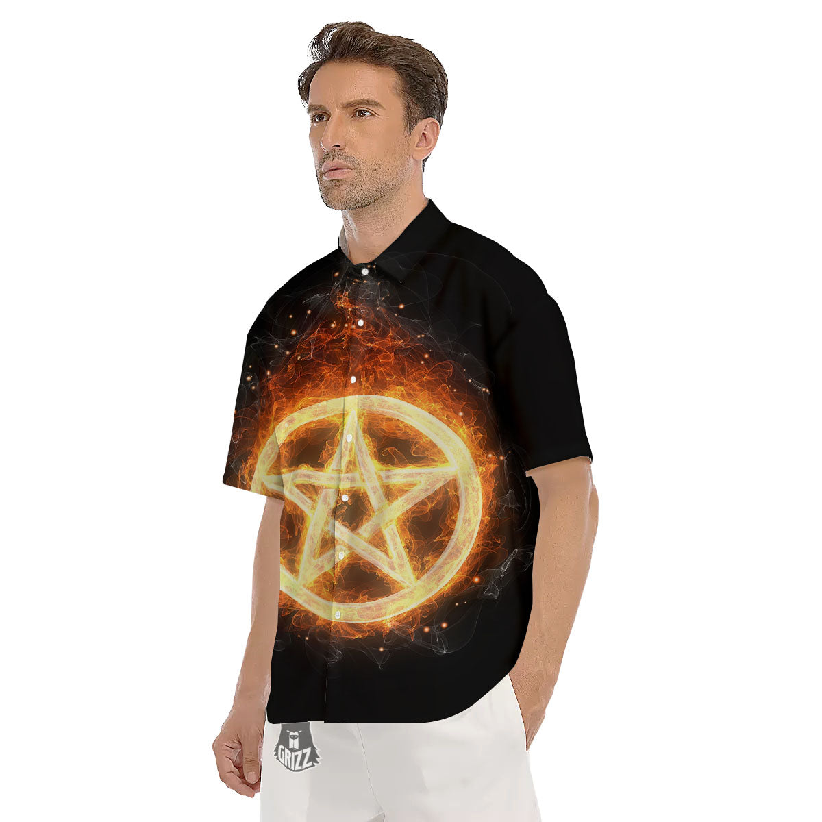Pentagram Flame Print Men's Short Sleeve Shirts-grizzshop