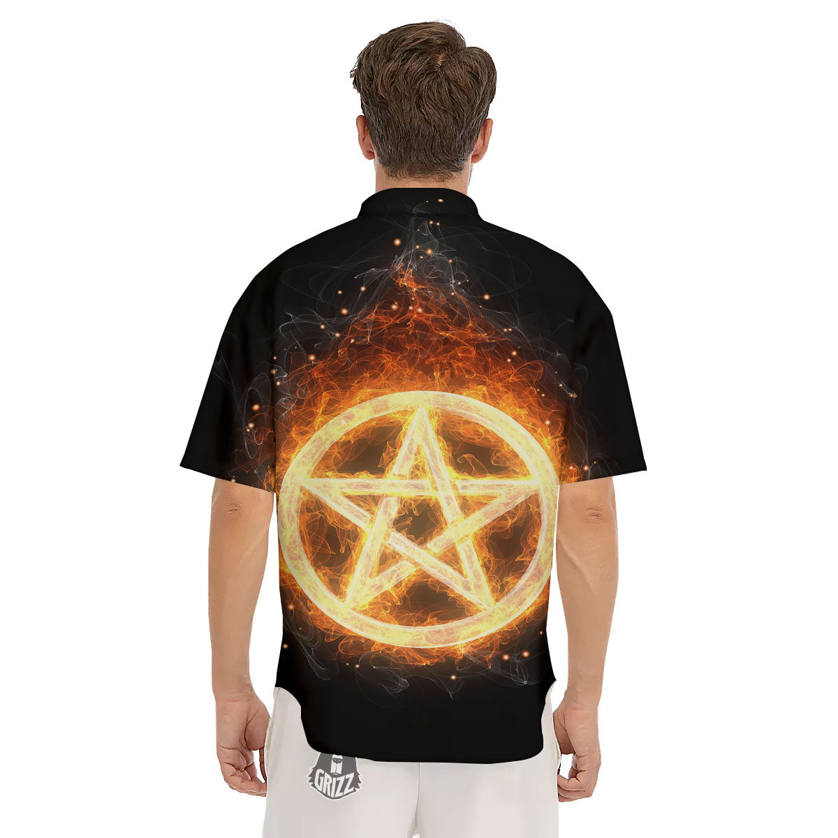Pentagram Flame Print Men's Short Sleeve Shirts-grizzshop