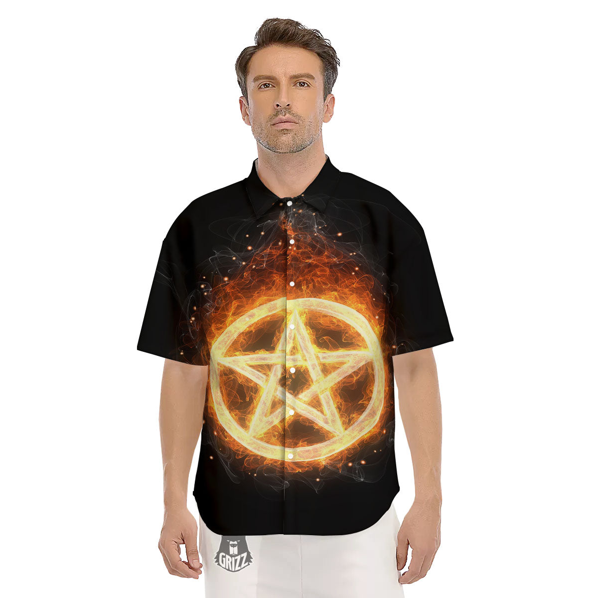 Pentagram Flame Print Men's Short Sleeve Shirts-grizzshop