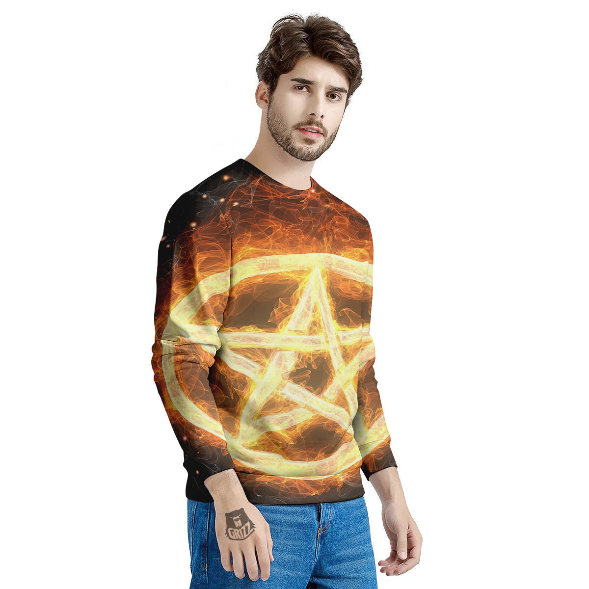 Pentagram Flame Print Men's Sweatshirt-grizzshop
