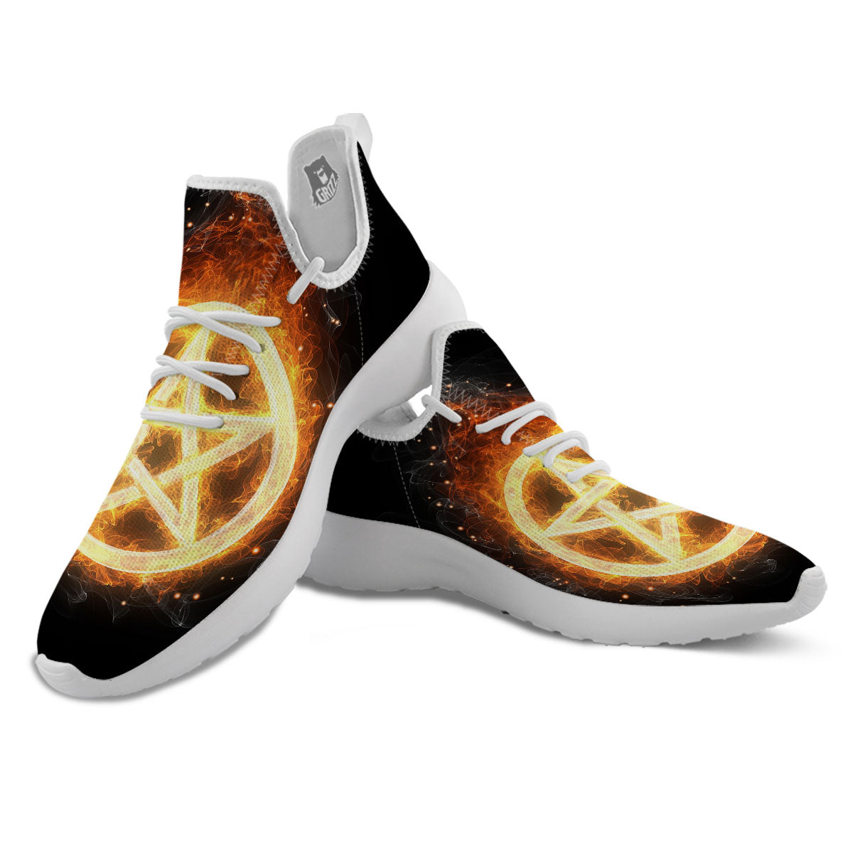 Pentagram Flame Print White Athletic Shoes-grizzshop