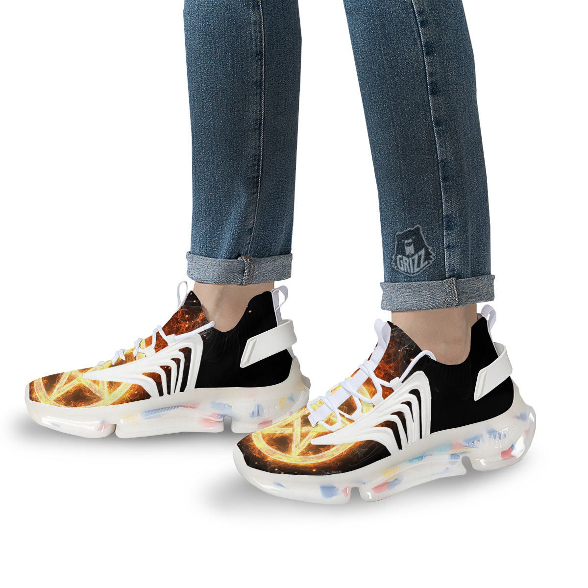 Pentagram Flame Print White Gym Shoes-grizzshop
