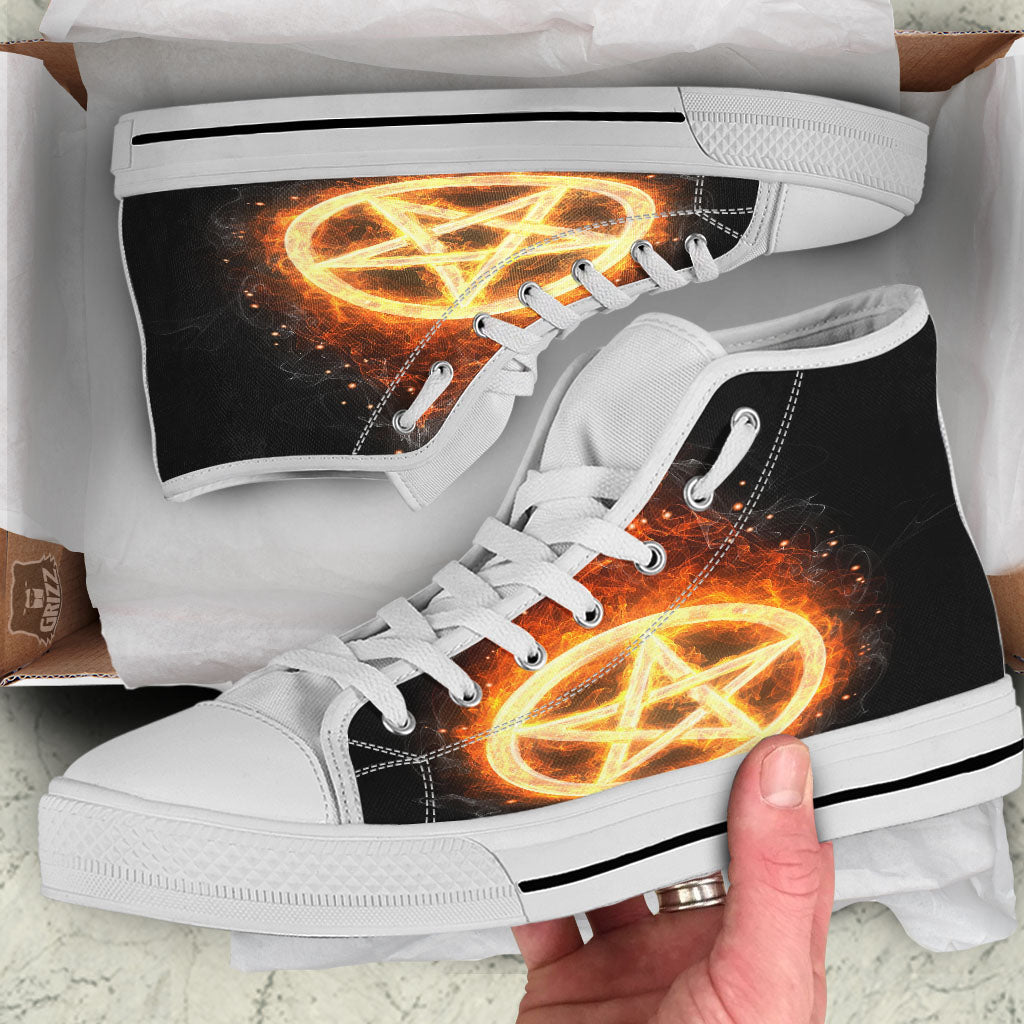 Pentagram Flame Print White High Top Shoes-grizzshop