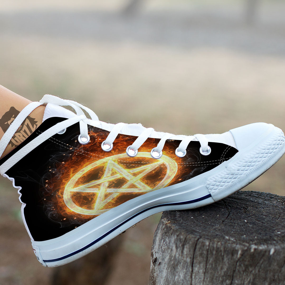 Pentagram Flame Print White High Top Shoes-grizzshop