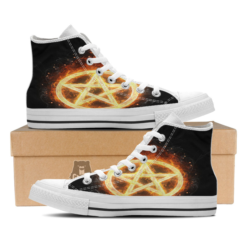 Pentagram Flame Print White High Top Shoes-grizzshop