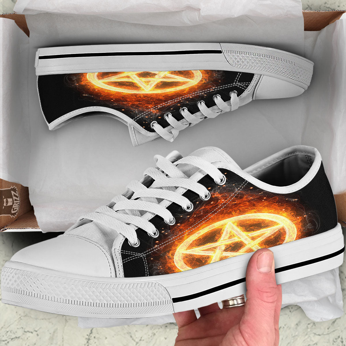Pentagram Flame Print White Low Top Shoes-grizzshop