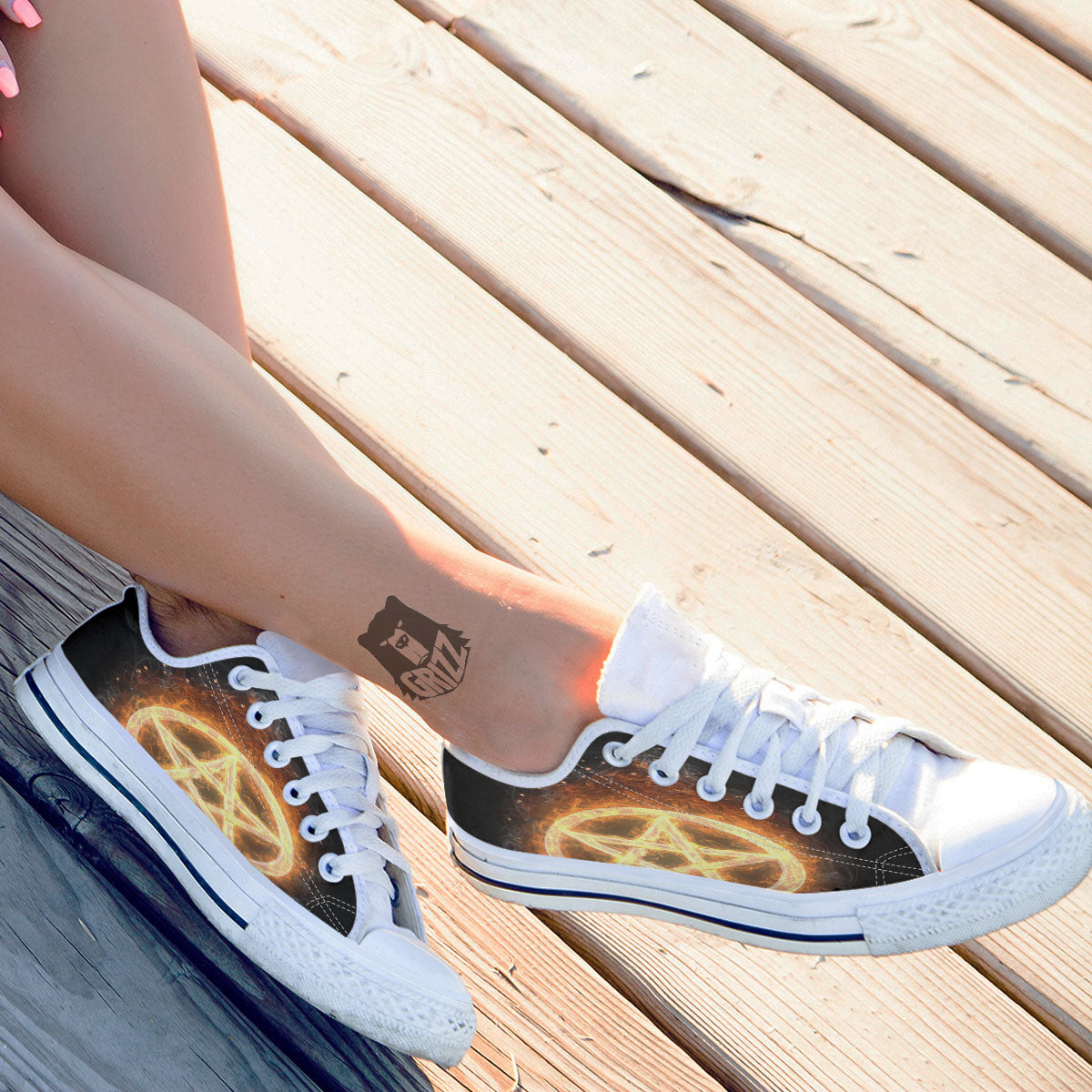 Pentagram Flame Print White Low Top Shoes-grizzshop