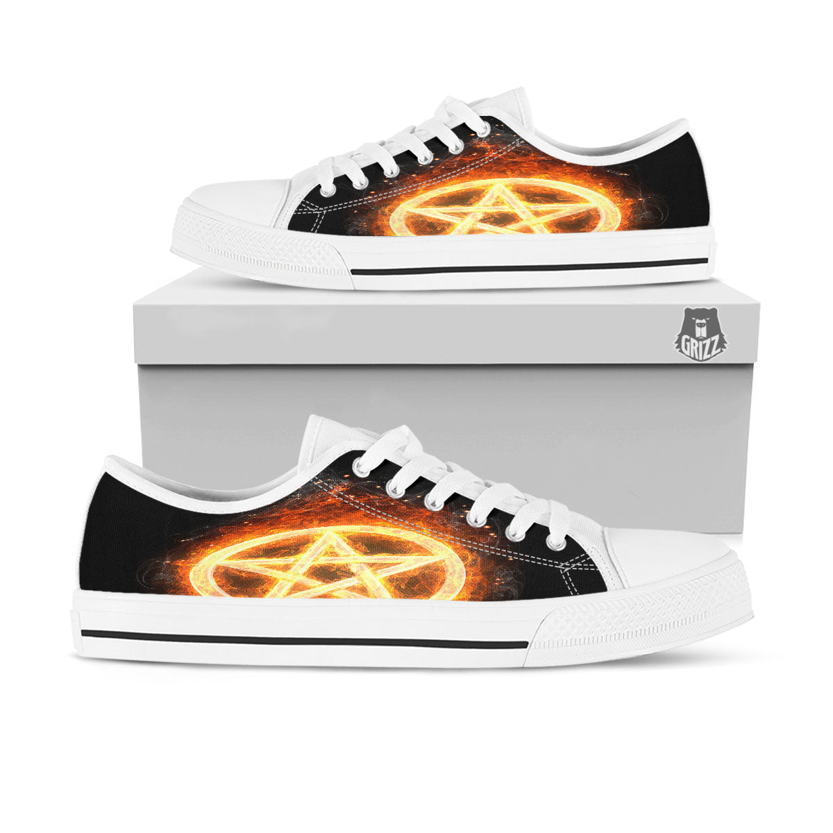 Pentagram Flame Print White Low Top Shoes-grizzshop