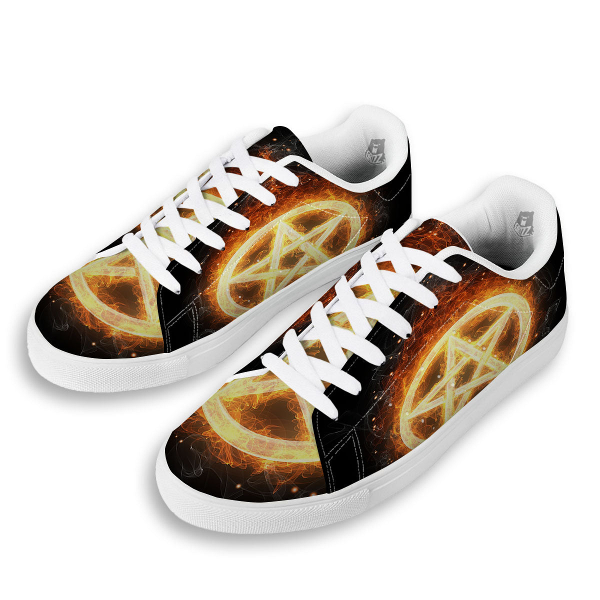 Pentagram Flame Print White Low Top Sneakers-grizzshop