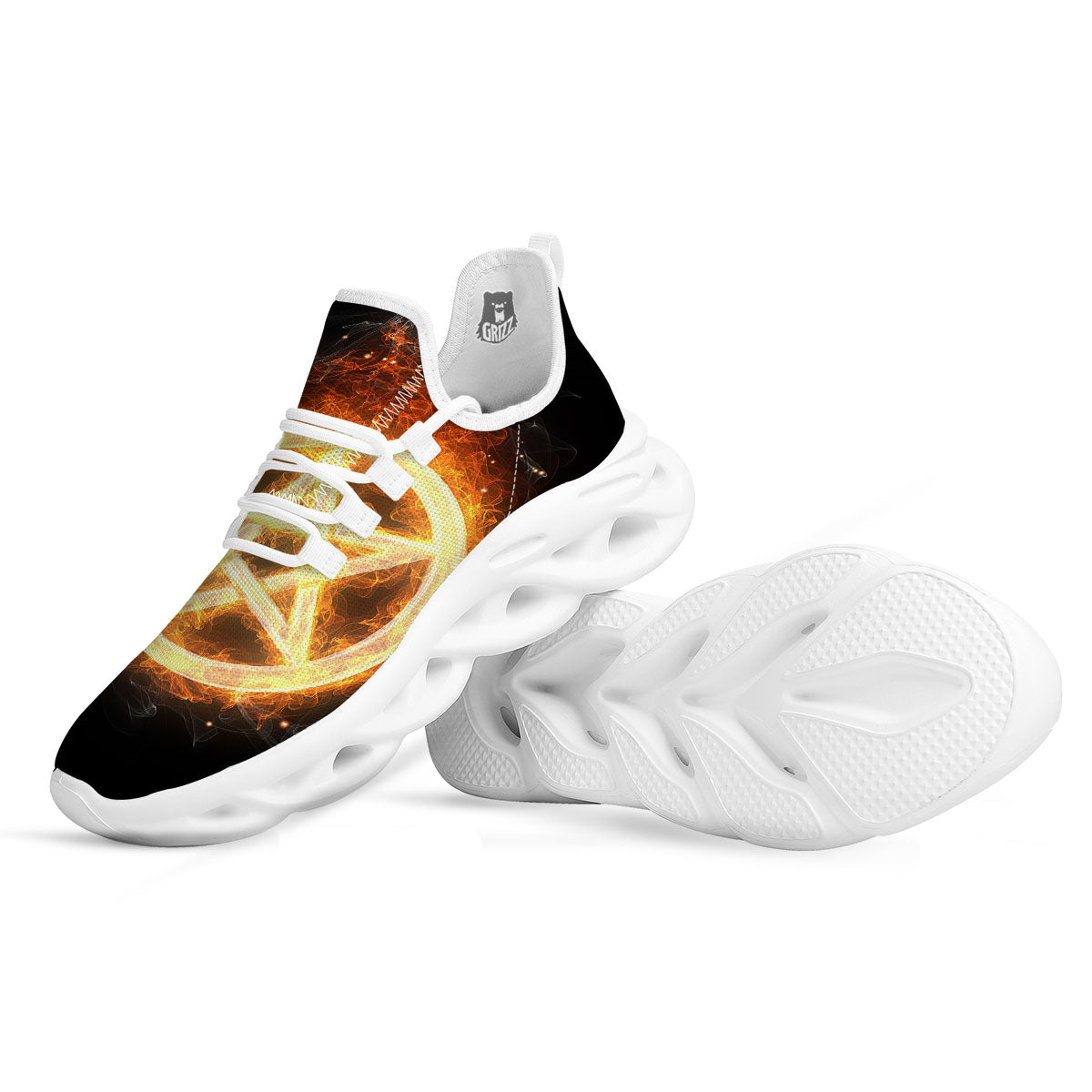 Pentagram Flame Print White Running Shoes-grizzshop