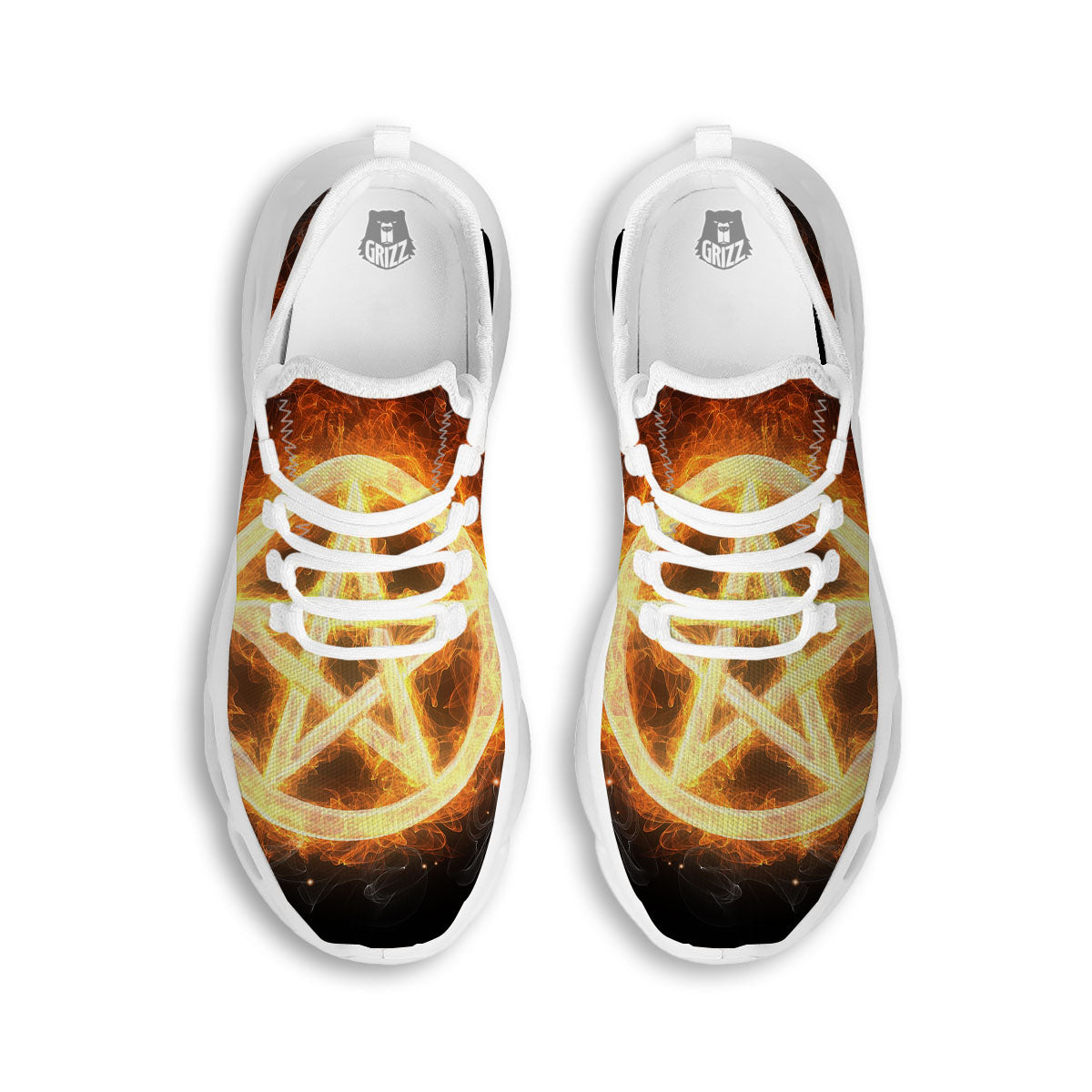 Pentagram Flame Print White Running Shoes-grizzshop