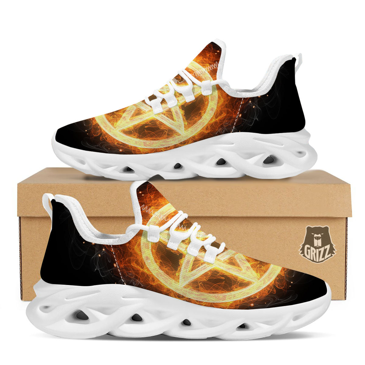 Pentagram Flame Print White Running Shoes-grizzshop
