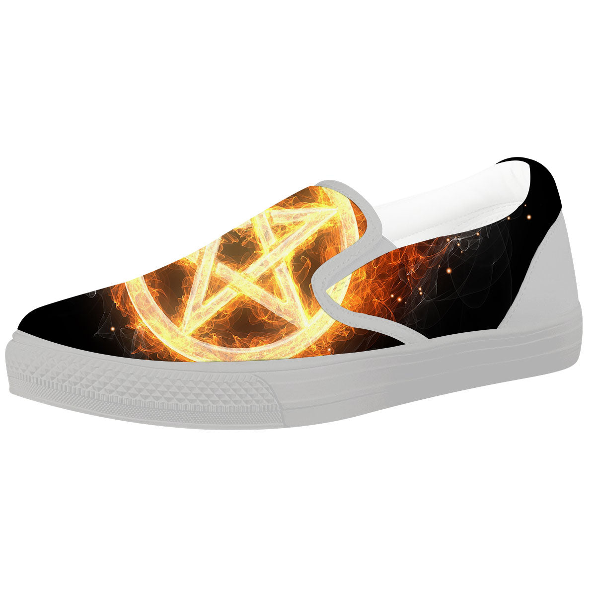 Pentagram Flame Print White Slip On Shoes-grizzshop