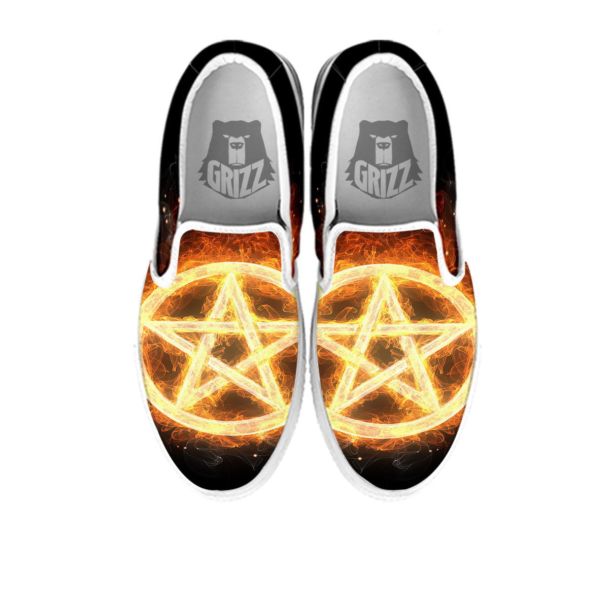 Pentagram Flame Print White Slip On Shoes-grizzshop