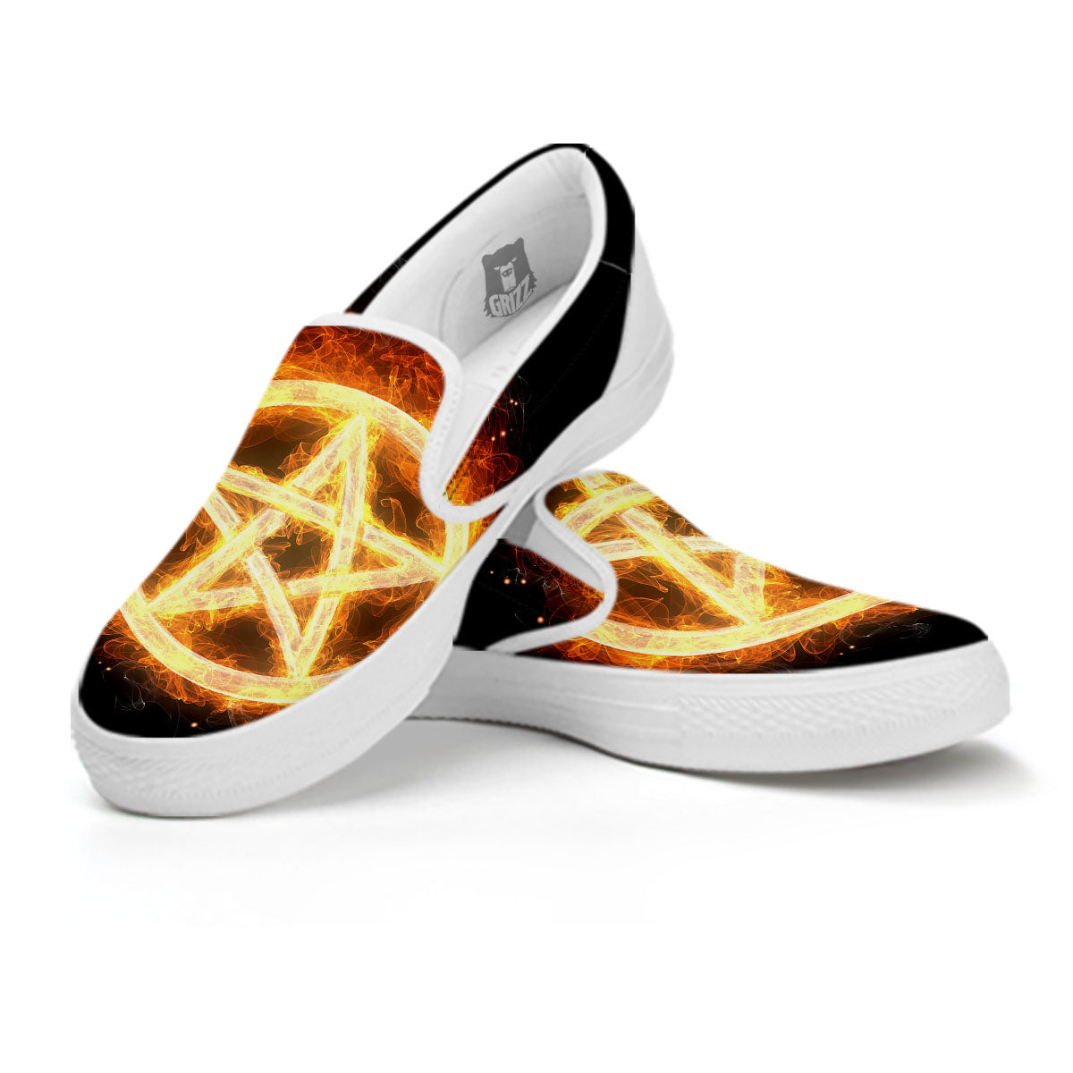 Pentagram Flame Print White Slip On Shoes-grizzshop