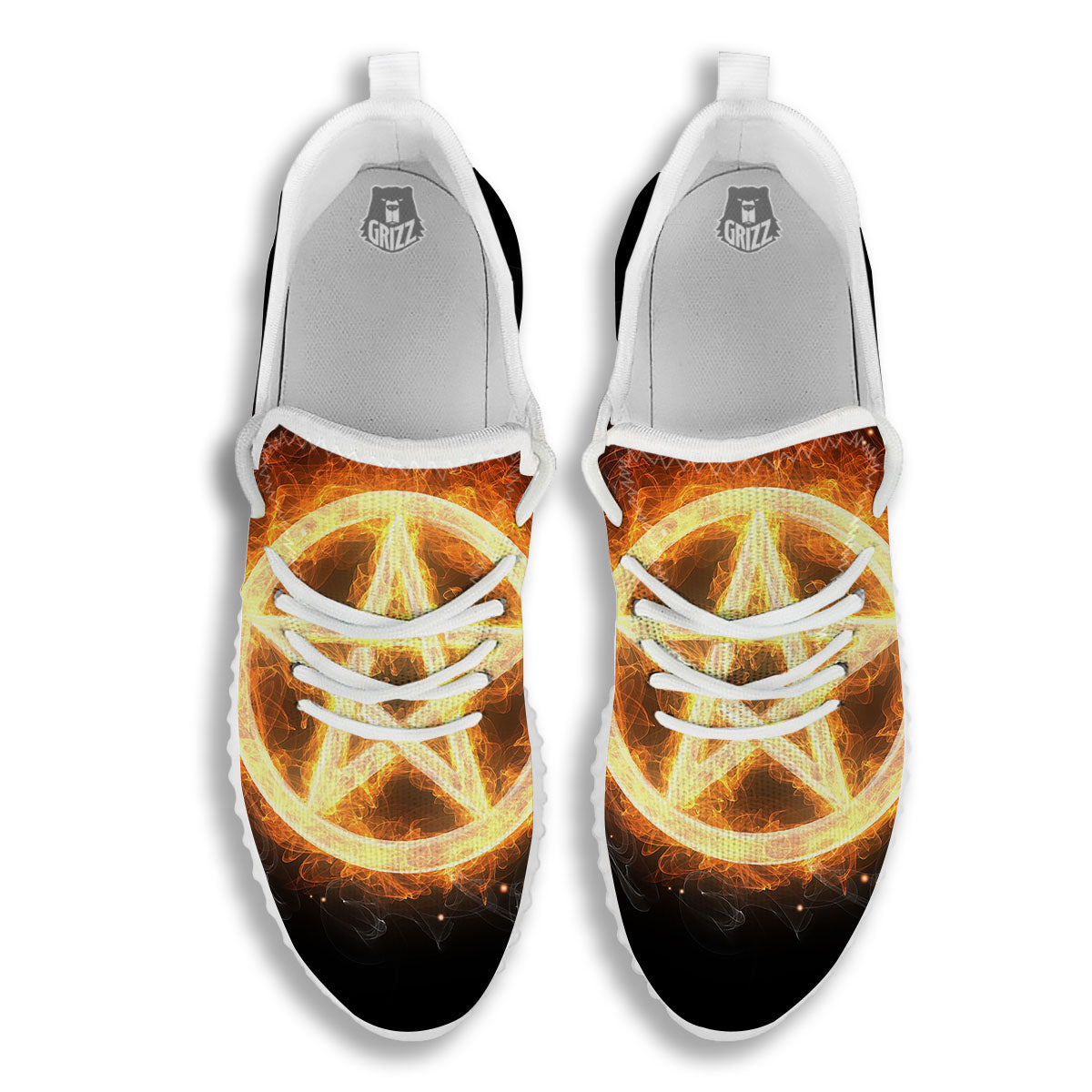 Pentagram Flame Print White Walking Shoes-grizzshop