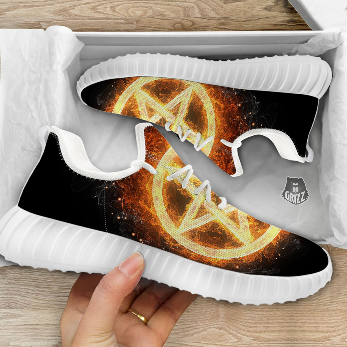 Pentagram Flame Print White Walking Shoes-grizzshop