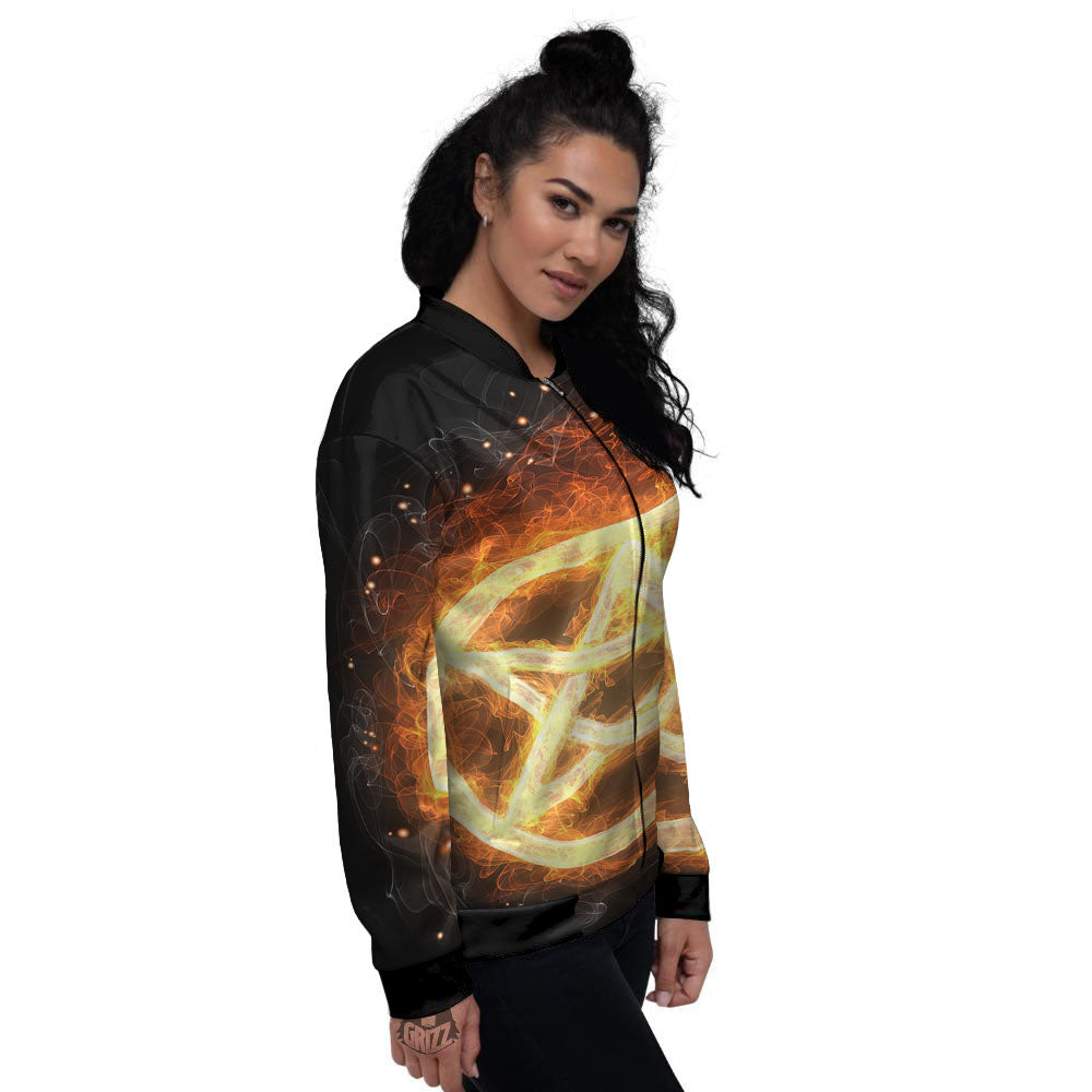 Pentagram Flame Print Women's Bomber Jacket-grizzshop