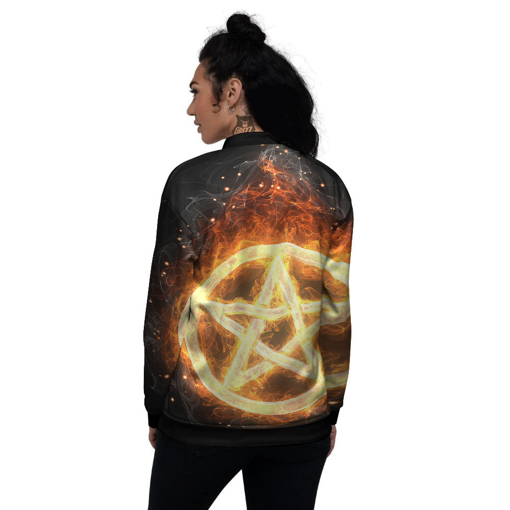 Pentagram Flame Print Women's Bomber Jacket-grizzshop