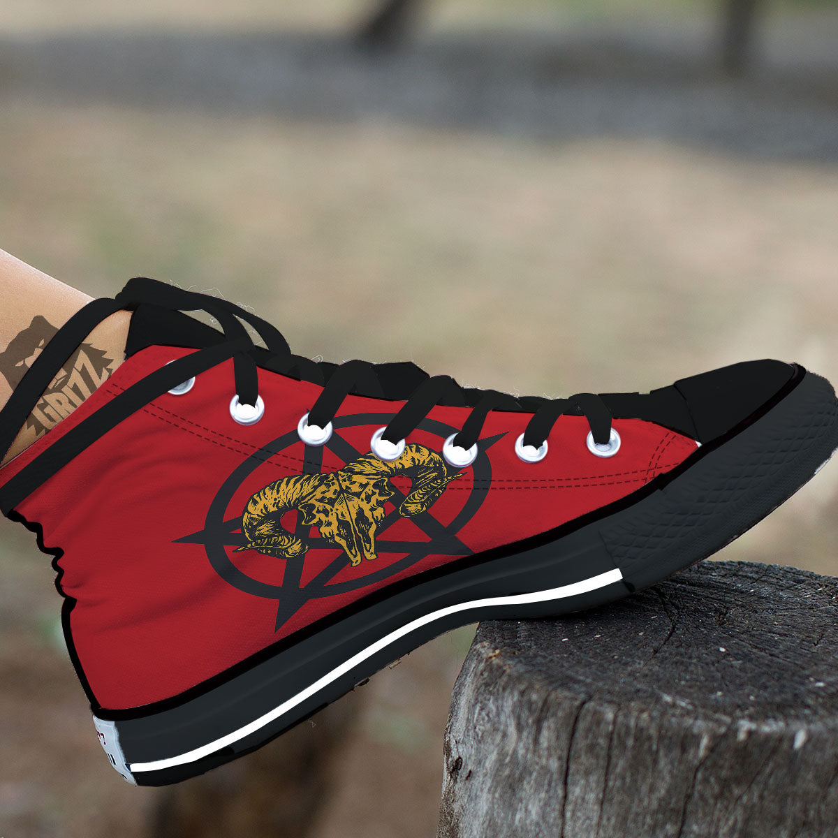 Pentagram Goat Skull Print Black High Top Shoes-grizzshop