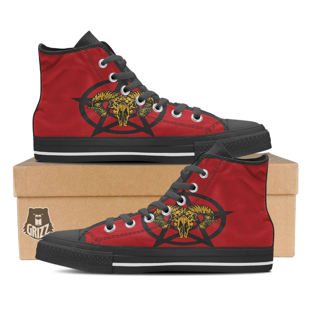 Pentagram Goat Skull Print Black High Top Shoes-grizzshop
