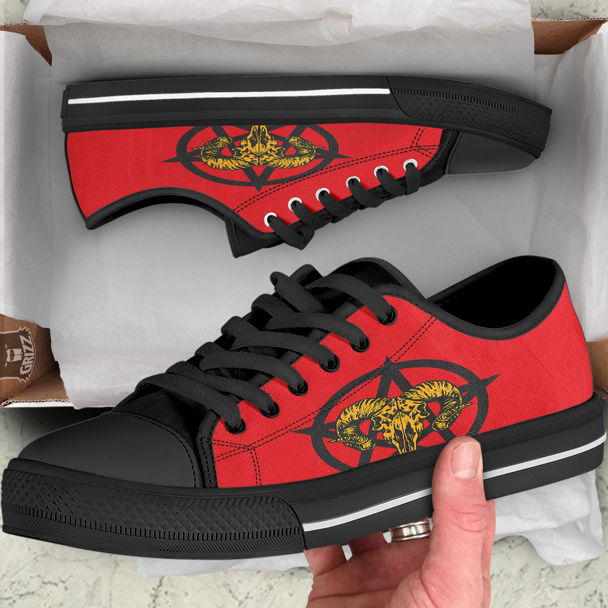 Pentagram Goat Skull Print Black Low Top Shoes-grizzshop