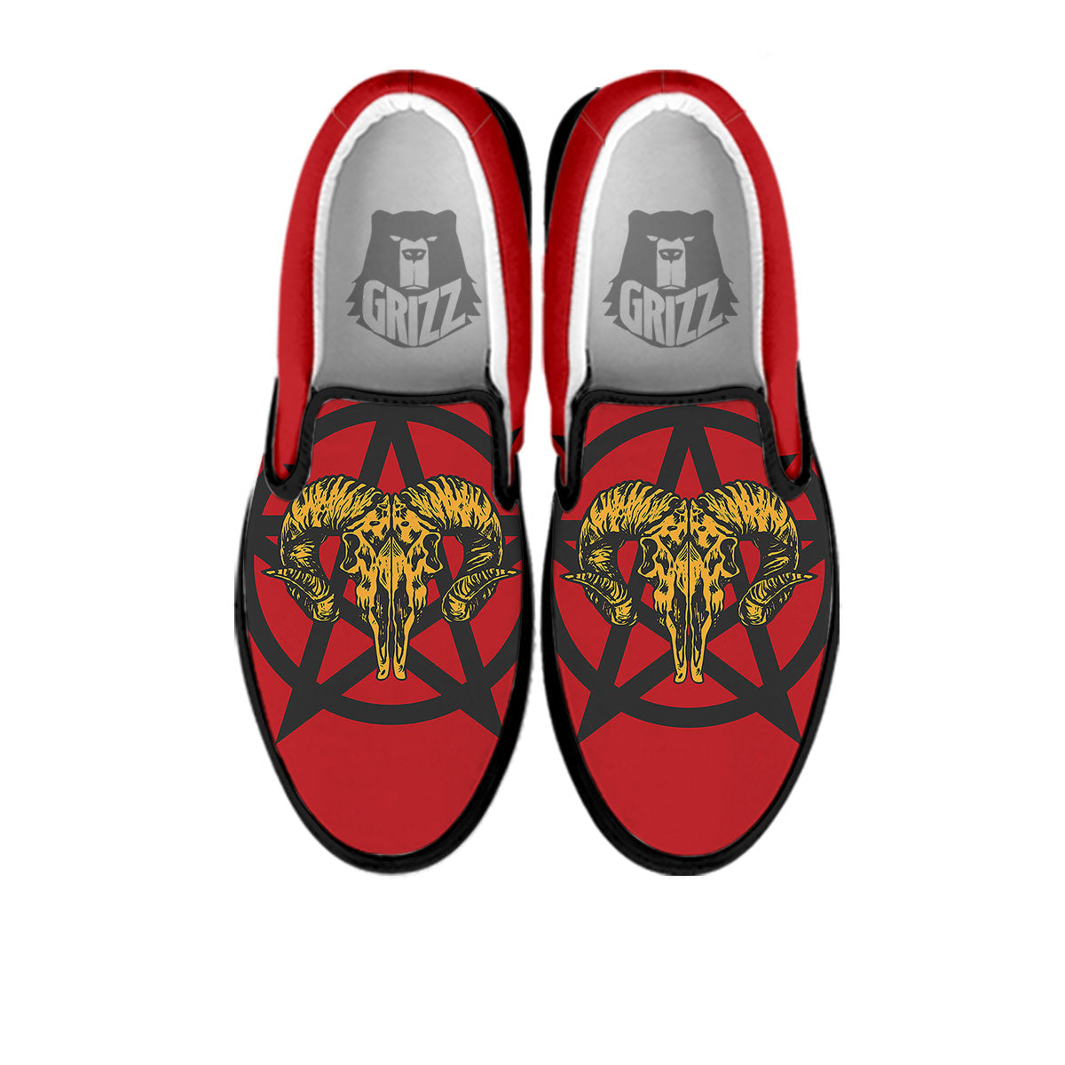 Pentagram Goat Skull Print Black Slip On Shoes-grizzshop
