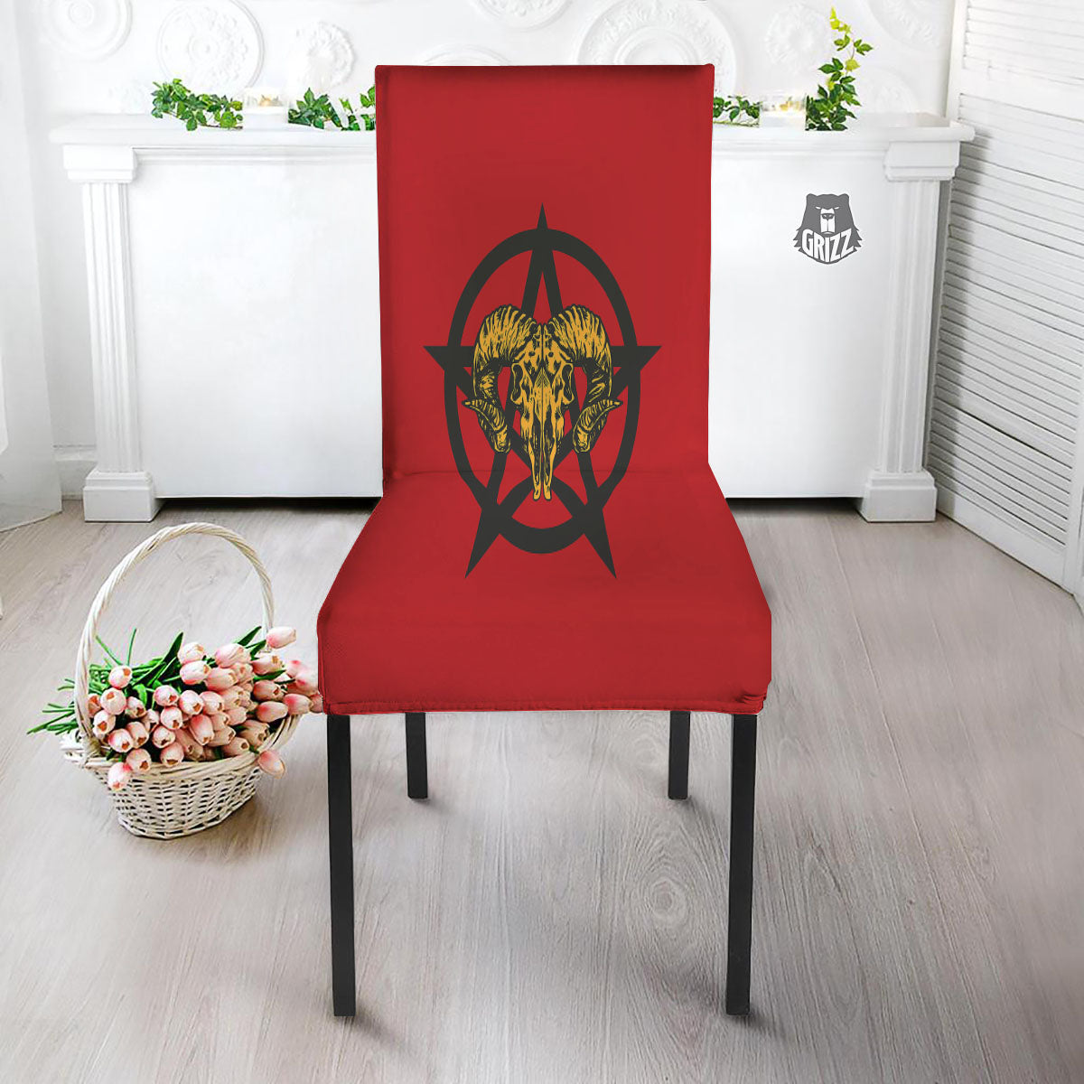 Pentagram Goat Skull Print Dining Chair Slipcover-grizzshop