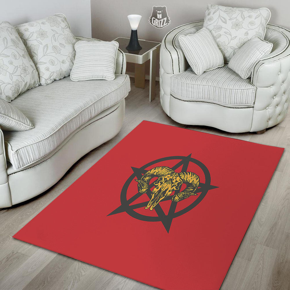 Pentagram Goat Skull Print Floor Mat-grizzshop