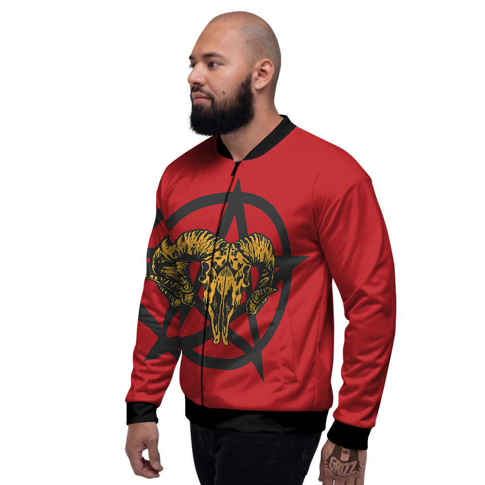 Pentagram Goat Skull Print Men's Bomber Jacket-grizzshop