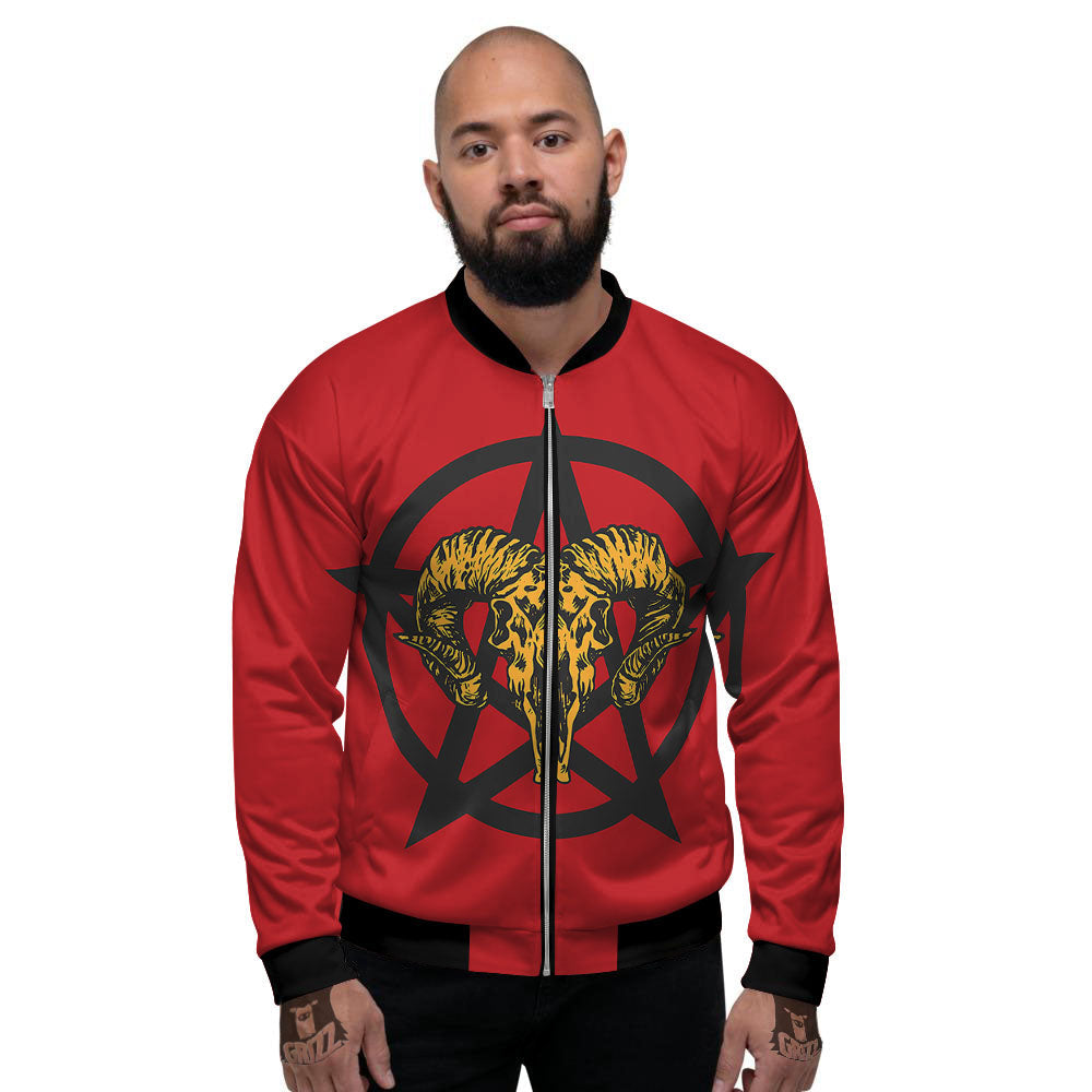 Pentagram Goat Skull Print Men's Bomber Jacket-grizzshop