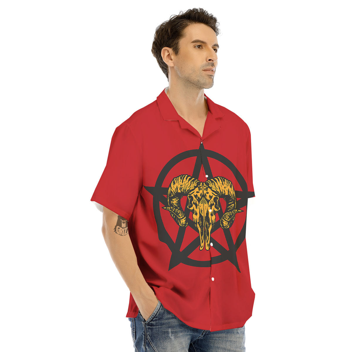 Pentagram Goat Skull Print Men's Hawaiian Shirt-grizzshop