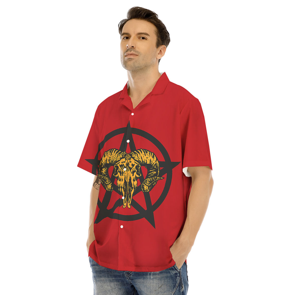 Pentagram Goat Skull Print Men's Hawaiian Shirt-grizzshop