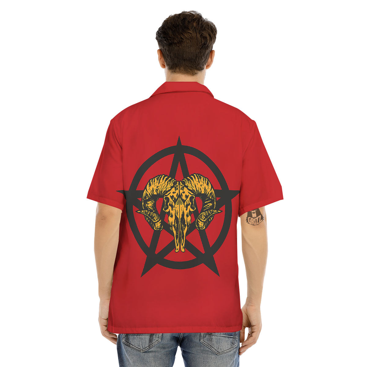 Pentagram Goat Skull Print Men's Hawaiian Shirt-grizzshop