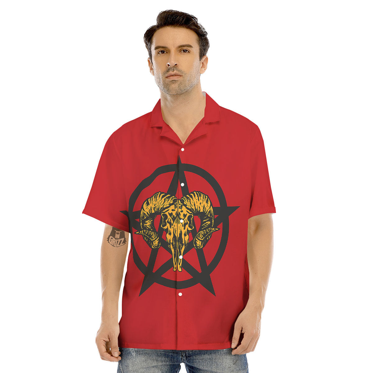 Pentagram Goat Skull Print Men's Hawaiian Shirt-grizzshop