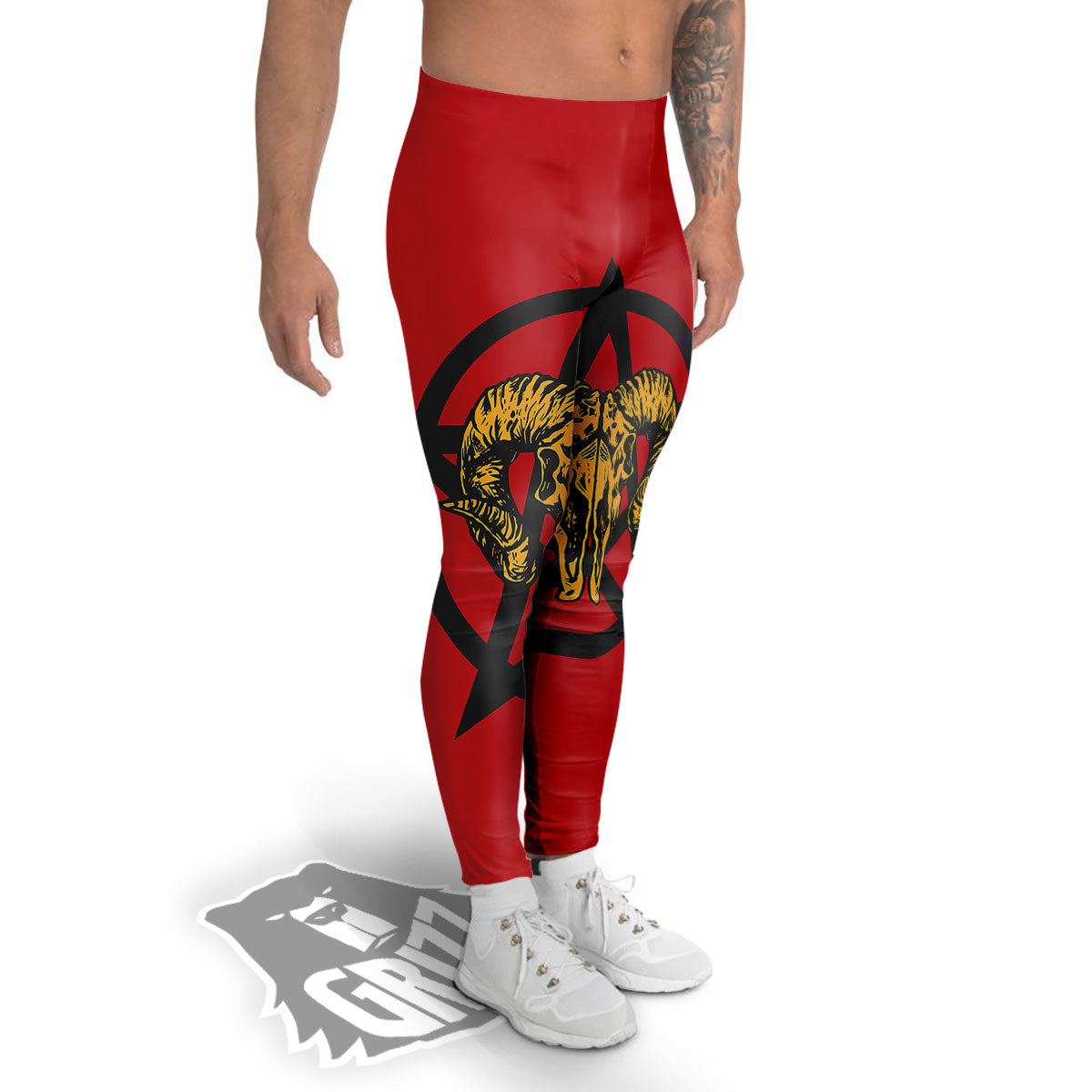 Pentagram Goat Skull Print Men's Leggings-grizzshop