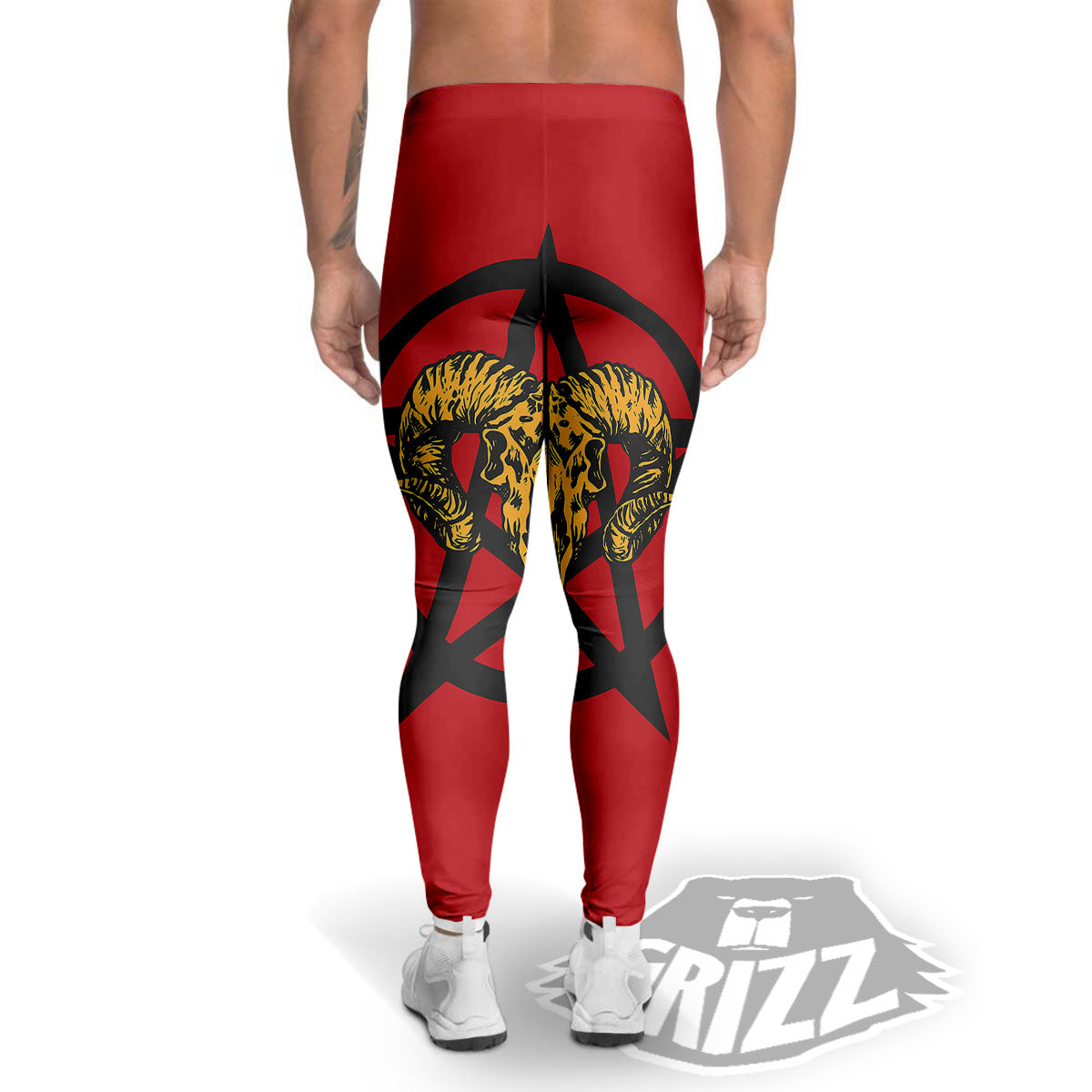 Pentagram Goat Skull Print Men's Leggings-grizzshop