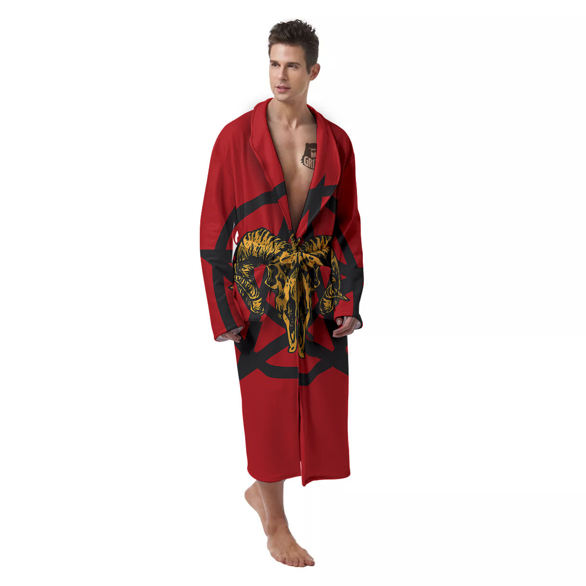 Pentagram Goat Skull Print Men's Robe-grizzshop