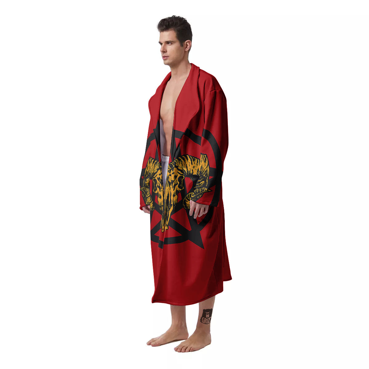 Pentagram Goat Skull Print Men's Robe-grizzshop