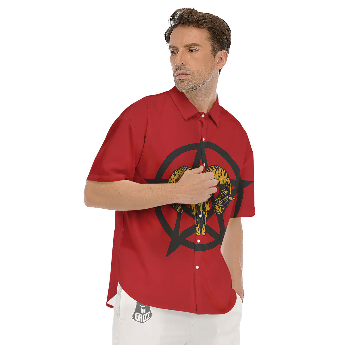 Pentagram Goat Skull Print Men's Short Sleeve Shirts-grizzshop